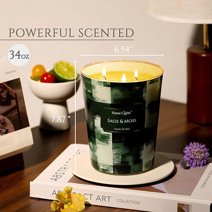 HomeLights 3-Wick Candles for Home Scented - 34oz Soy Wax Blend Candle Long-Lasting Fragrance, Scandinavian Minimalist Design Home Decor and Housewarming Gifts, Sage & Moss