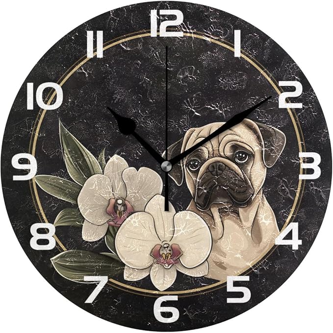 Bolaz Wall Clocks Decorative Bedroom Silent Living Room Desktop Cute Pug Flower Tabletop Shelf Clocks Round Battery Operated 10 Inch Non-Ticking