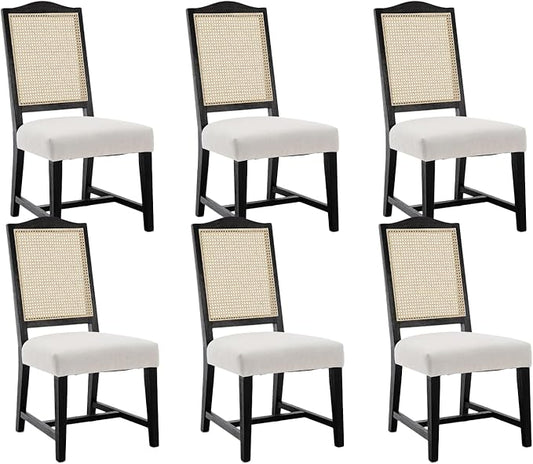 EALSON Rattan Dining Chairs Set of 6 Linen Upholstered Chairs for Dining Room, Mid-Century Modern, Black Wood Frame, Beige