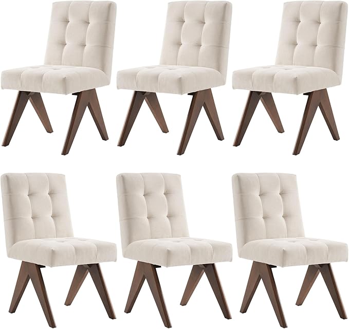Rowill Modern Upholstered Dining Chairs Parsons Chair Linen Fabric Kitchen Chairs Tufted Armless Dining Room Chairs with Wood Legs Set of 6, Beige