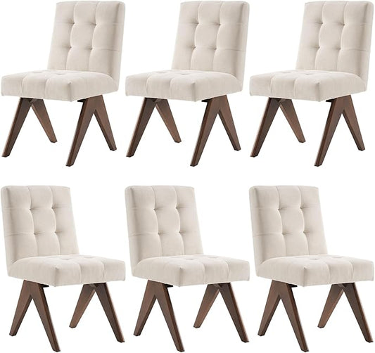 Rowill Modern Upholstered Dining Chairs Parsons Chair Linen Fabric Kitchen Chairs Tufted Armless Dining Room Chairs with Wood Legs Set of 6, Beige