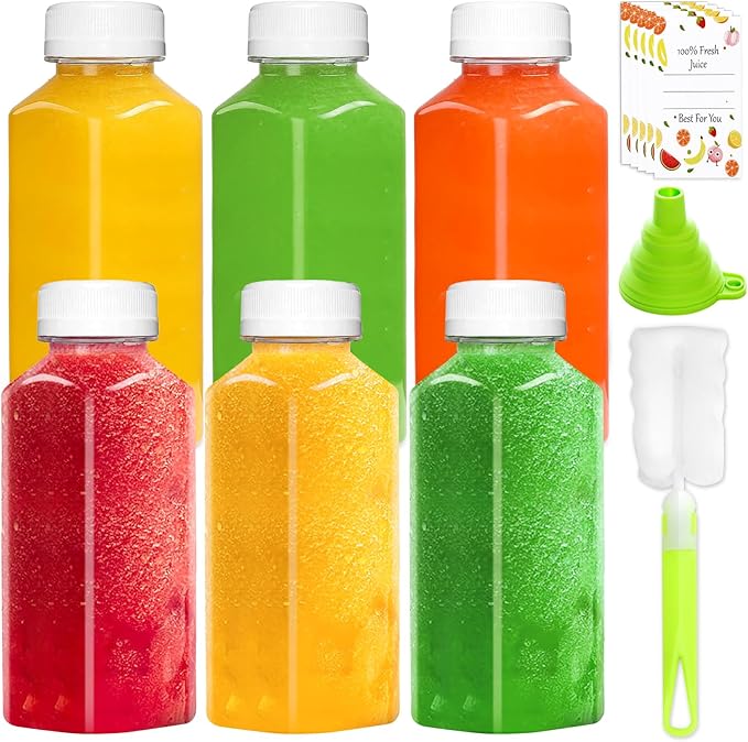 Plastic Juice Bottles, Reusable Juice Containers with White Tamper Proof Lids, Brush, Funnel and Labels, Clear Juice Containers for Juicing, Smoothie and Homemade Beverages (6PCS 12oz)