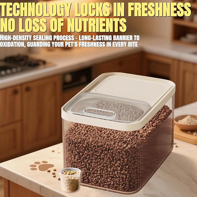 High-Capacity Pet Food Container Airtight with Cup, Dog Food Storage Container,Durable Design for Dog/Cat/Bird Food Storage, Keep Dry Food Fresh (Transparent, 30 pounds)