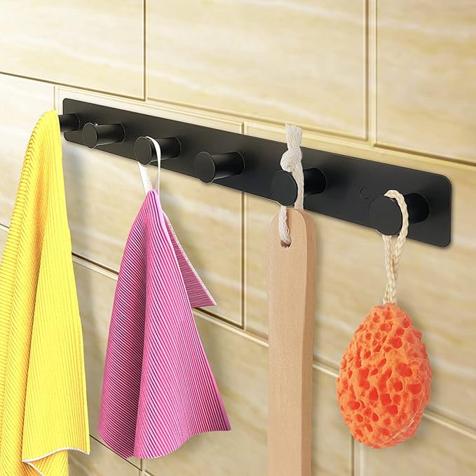 Coat Rack Wall Mounted, Black Coat Hooks Adhesive & Screw in, Stainless Steel Door Hooks for Hanging Hat Towels Clothes, Hook Rail with 6 Round Hangers