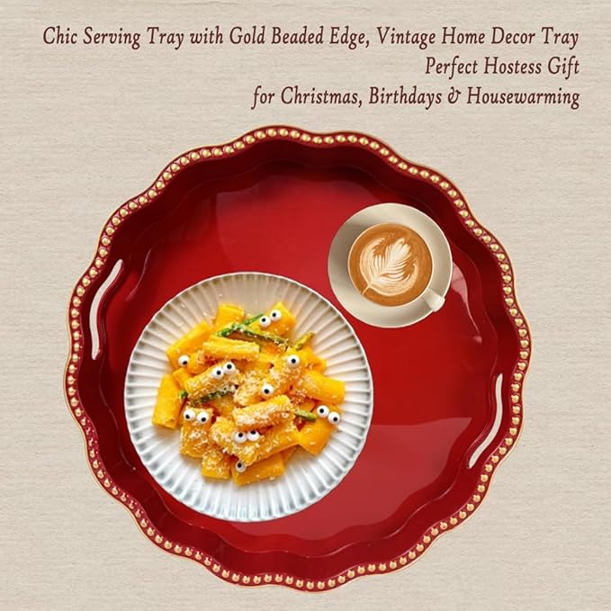 Red Decorative Tray for Coffee Table, Wavy Scallop Beaded Plastic Serving Tray forKitchen Counter, Ottoman, Living Room, (13")