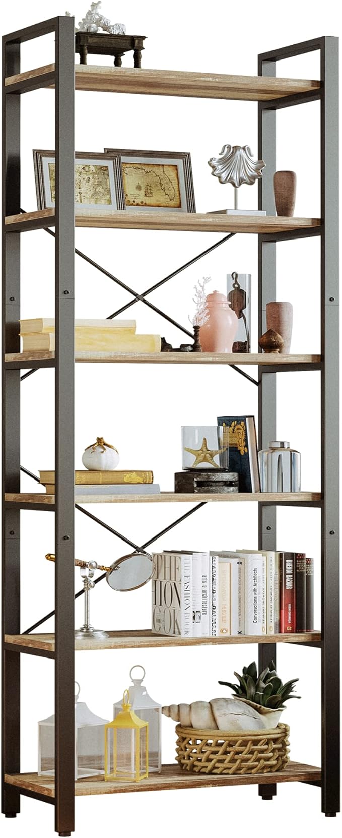 IRONCK Bookshelf 6-Tier Ladder Shelf 110 lbs or Shelf Display Shelf Vintage Industrial Style Bookcase for Home Office, Living Room