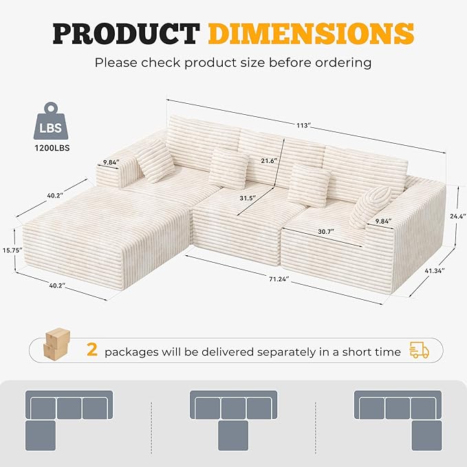 113" Modular Sectional Sofa, Convertible L-Shaped Cloud Couches for Living Room with Ottoman, 4 Seater Corduroy Boneless Couch Sofa Set, No Assembly Required, Beige 1 PCS