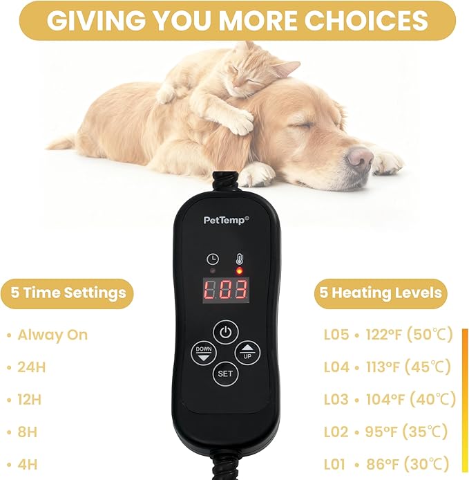 Upgraded Pet Heating Pad, 5 Adjustable Temperature & Timer, Electric Heated Dog Cat Bed for Winter, Auto Power-Off, Waterproof Chew-Resistant (L:26'' x 20'')