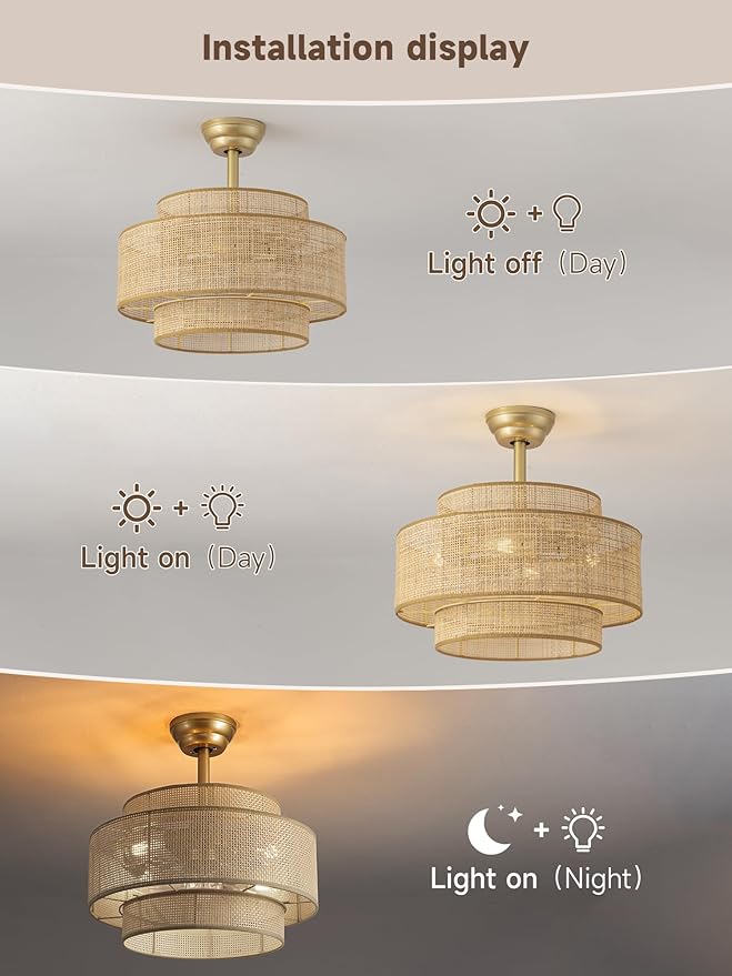 Boho Fandelier Ceiling Fan with Light Rattan Chandelier Fan Remote Gold Caged Ceiling Fan with Light for Bedroom, Living Room Nursery Foyer Kitchen（6 Speed, Timing Adjustable Height）
