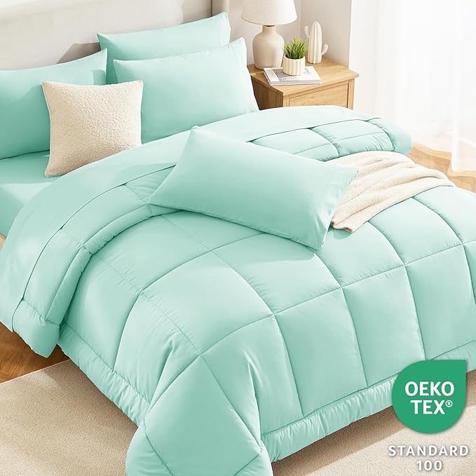 CozyLux King Size Comforter Set Mint Green, 7 Pieces Bed in a Bag, Green Comforter King Size, All Season Bedding Sets with Stitch Quilted Comforter, Flat Sheet, Fitted Sheet, Pillowcases