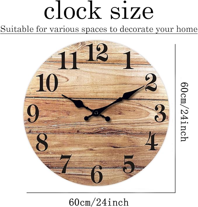 XNM Brown Office Clock 24 Inch Wood Farmhouse Wall Clocks Battery Operated Oversized Silent Wall Clock Non Ticking(MDF No Solid Wood)