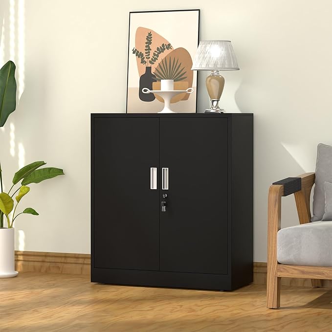 Metal Storage Cabinet with Locking Doors and 2 Adjustable Shelves, Small Lockable Steel Storage Cabinets for Home Office Garage Kitchen Pantry (Black)