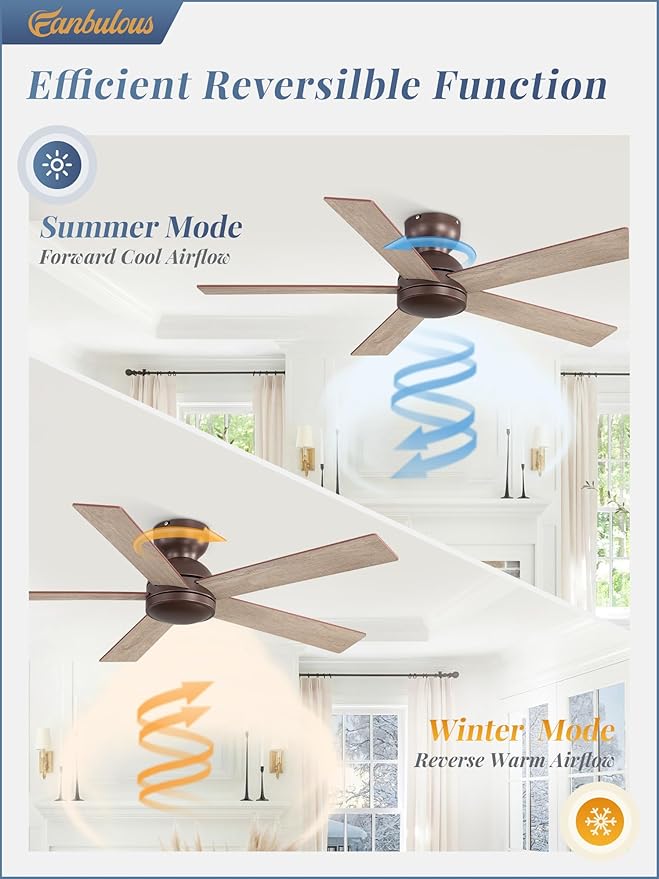 48 Inch Low Profile Ceiling Fan without Lights, Brown Farmhouse Ceiling Fan no Light, 6-Speeds, Quiet Reversible DC Motor, Indoor/Outdoor Ceiling Fans with Remote for Patio, Living Room, Bedroom