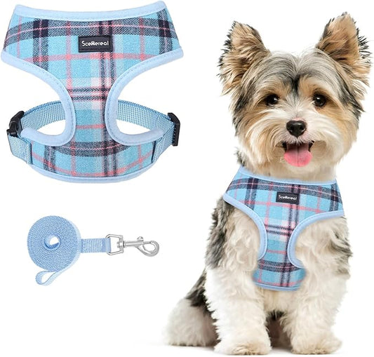 SCENEREAL Puppy Dog Harness with Leash Set for Small Medium Sized Dogs, Soft Mesh Step in Pet Harnesses and Leash, No Chock Plaid Adjustible No Pull Vest for Dogs Cats, Chihuahua,Bulldog (Blue S)