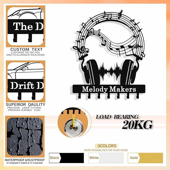 Personalized Key Holder Wall Mount, Custom Metal Music Keys Holder for Wall with Name, Wall Key Hanger Rack with Hooks for Entryway, Front Door, Living Room, Kitchen, Bathroom, Garden