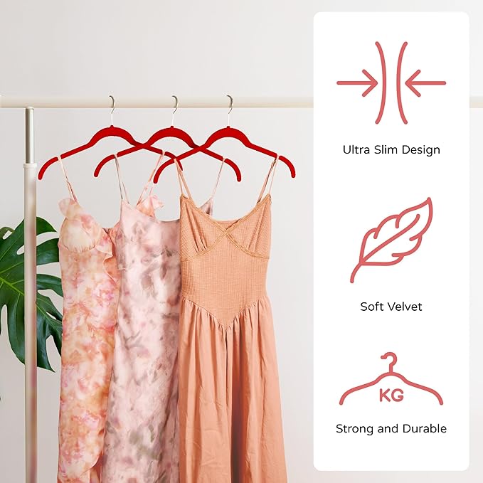 Velvet Hangers 50 Pack – Slim Non-Slip Flocked Hangers with 360° Swivel Hook, Space-Saving Closet Organizer for Dresses, Blouses, Coats(Red)