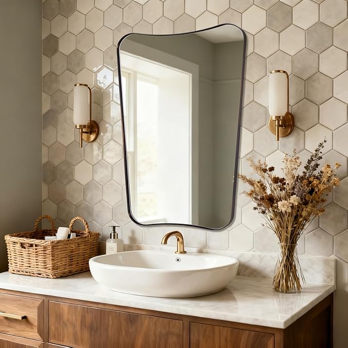 ANDY STAR Brushed Bronze Asymmetrical Mirror, 24"x32" Bathroom Mirror for Wall with Premium Stainless Steel Thin Frame, Italian Curved Mirror Decorative for Bathroom, Powder Room, Entryway