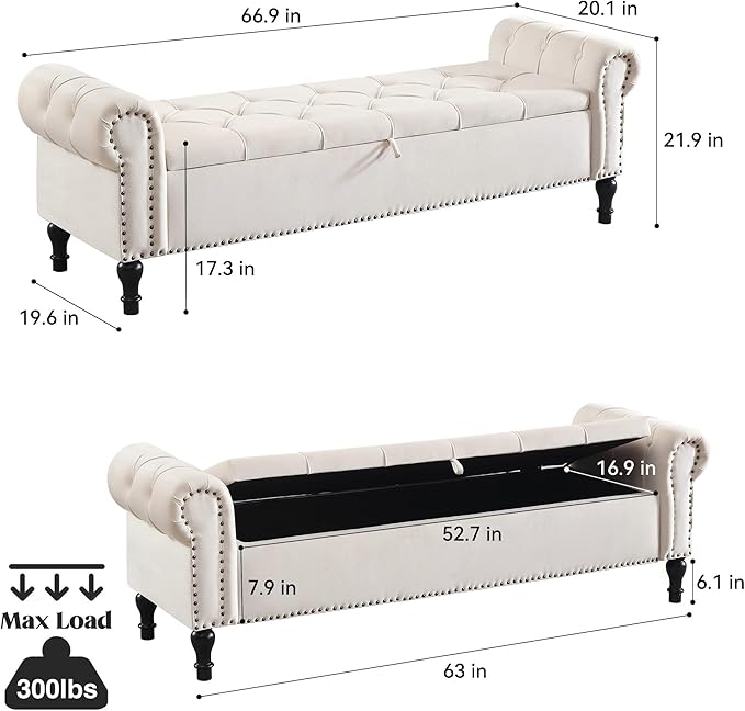Storage Bed Bench for Bedroom, Velvet 67" End of Bed Benches, King Size Bench with Armrest, Tufted Button Upholstered Ottoman Bench for Living Room, Entryway, Cream Beige
