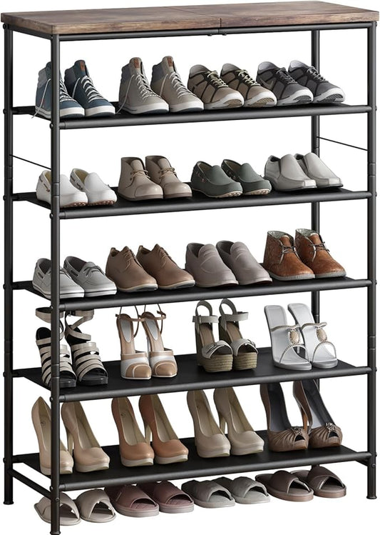 Shoe Rack Organizer 6 Tier Metal Organizer Shelf with Industrial MDF Board and Layer Fabric for Entryway Closet Bedroom Living Room Garage,Black & Rustic Brown (Black+Rustic Brown, 6 Tier)