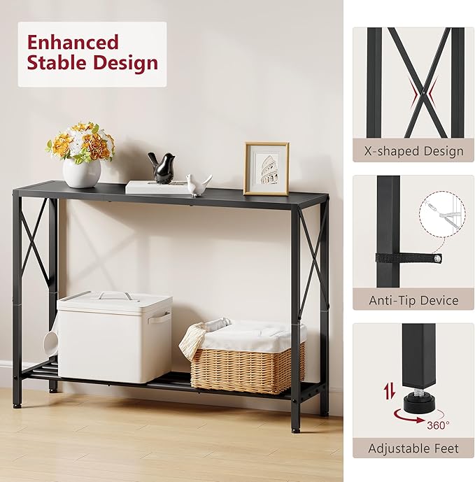 Tajsoon Console Table, 2-Tier Entryway Table, 41.8”L Narrow Sofa Tables with Shelves, Behind The Couch, for Entrance, Hallway, Living Room, Foyer, Corridor, Office, Black