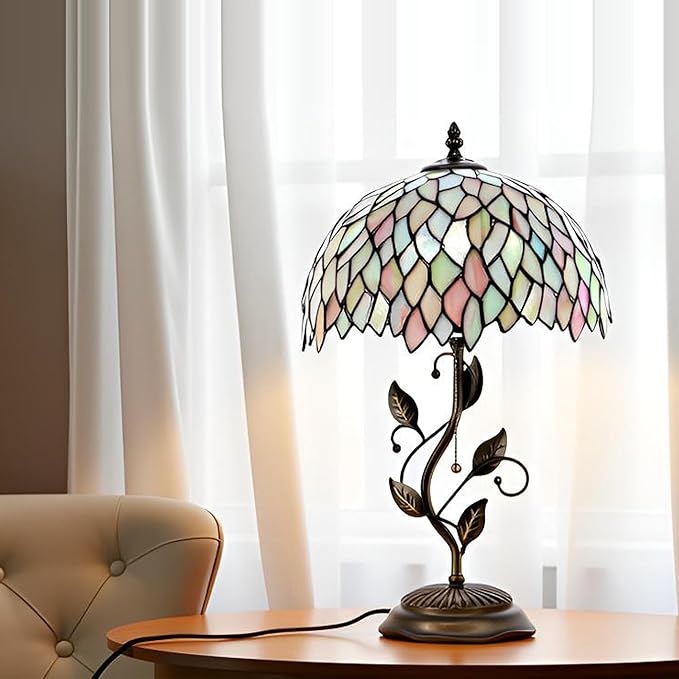 Tiffany Table Lamp, Stained Glass Style Desk Lamp, 12X12X19 Inch,Bedside Reading Light, Metal Leaf Base（Seven Color Wisteria Style