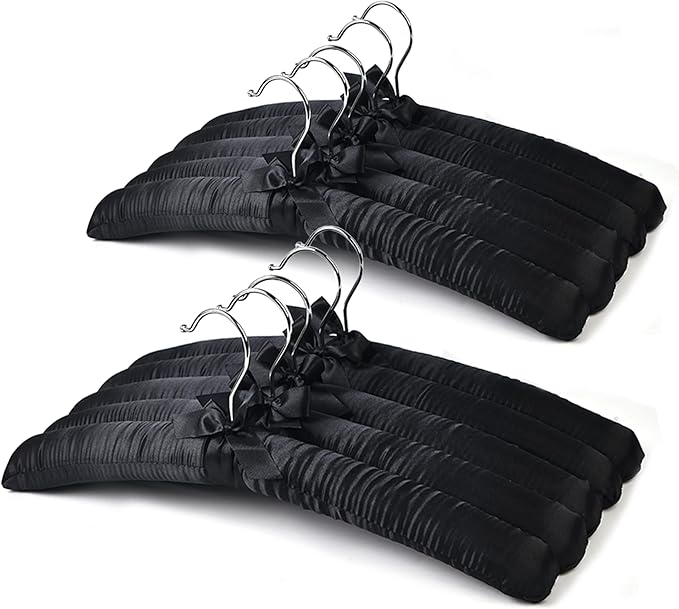 Black Satin Padded Sweater Hangers 10 Pack, Blouse Hanger with Thick & Soft Foam for Bridal Wedding Dress Lingerie, Smooth Silk Covered Shirt Hanger Without Shoulder Bump