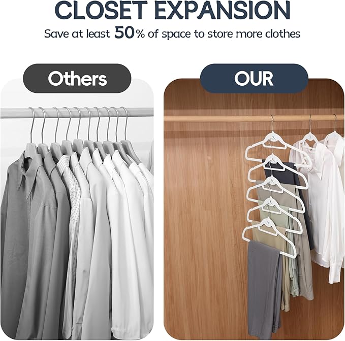 Velvet Hangers 50 Pack, Non Slip Stackable Clothes Hangers with Cascading Hooks, Ultra Thin and Space Saving Felt Hangers with Tie Bar, 360° Swivel Hooks, Heavy Duty for Suit Coat Shirt Pant- White