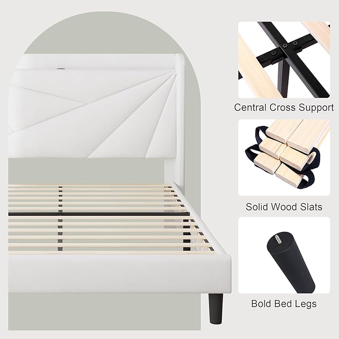 Feonase Full Bed Frame with Charging Station, Velvet Upholstered Platform Bedframe with Wingback Headboard, Solid Wood Slats Support, Noise Free, No Box Spring Needed, White