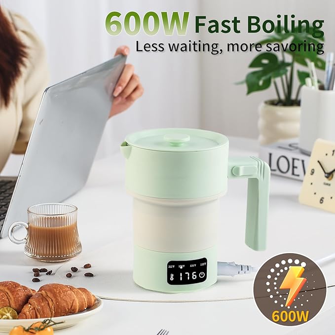 Travel Electric Kettle-Collapsible Portable Electric Kettle, 600W Foldable Small Water Boiler with 4-Temp Presets, Food Grade Silicone for Hotel, Office, Camping (Green, 600mL)