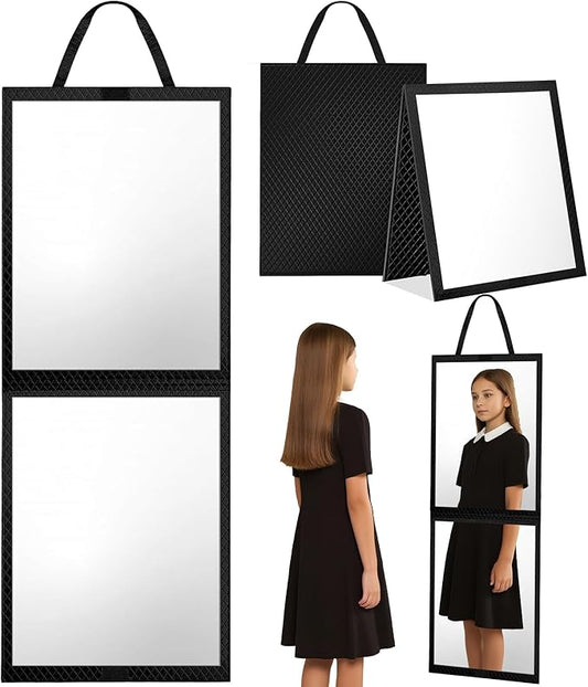 Foldable Travel Portable Full Length Mirror, Dance Bag Hanging Mirror, Full Body Mirror for Dance, Camping, Travel, Dance Competition Must Haves Backstage Folding Hanging Mirror (Black, 33*13 Inch)