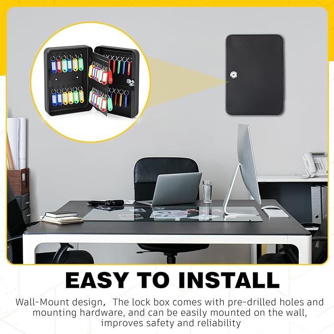 Ripeng 48-Keys Key Lock Box Wall Mount Steel Cabinet Security Holder with Tags and Hooks Key Organizer Wall Safe Storage for Car Office Hotel House Rental Business, Black