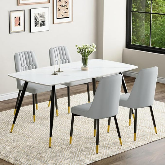 White Dining Table Set for 4, 62'' Dining Table Set for 4, Sintered Stone Dining Room Sets for 4, Easy to Assemble