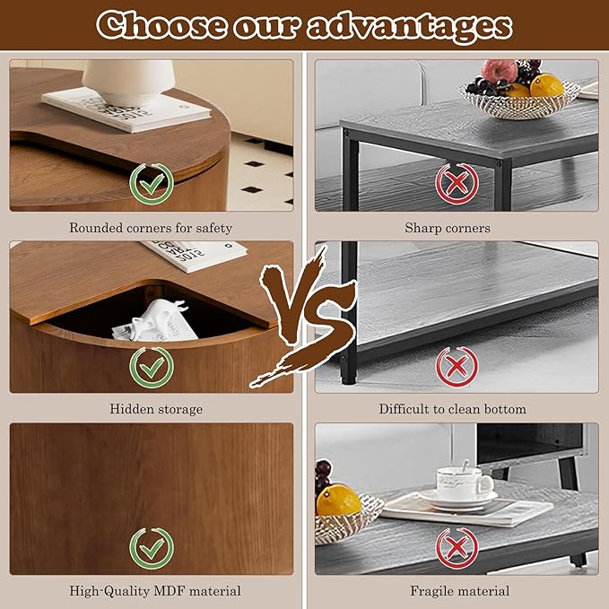 27.16" Round Coffee Table with Storage Modern Handcraft Drum Coffee Table Circle Wood Accent Center Table Small Side Table for Living Room Apartment, Small Space (Round Brown)