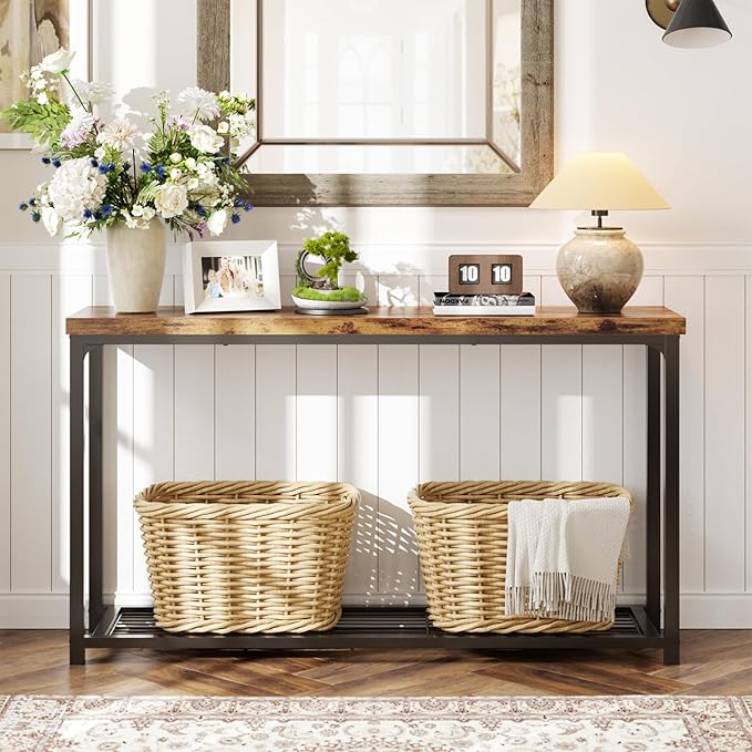 Console Table for Entryway, Narrow Entryway Table with Storage, Sofa Table with Mesh Shelves, Console Tables for Living Room, Bedroom, Hallway, Foyer (2 Tier, Rustic Brown, 47 inch)