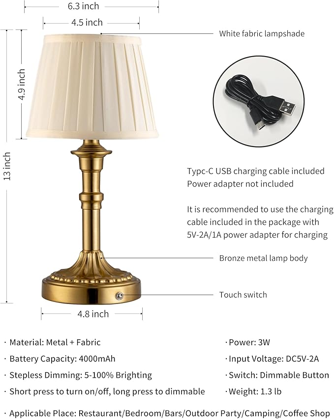KDG Cordless Portables Table Lamp Set of 2, LED Fabric Shade Small Desk Lamps, 5000mAh Battery Powered Lighting, 2700K Stepless Dimmable Light for Living Room, Dining Room, Bedroom, Bedside (Bronze)