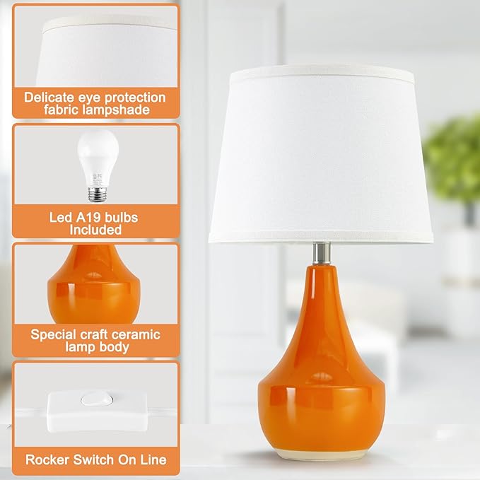 GyroVu Table Lamp Set of 2, Ceramic Table Lamp Classic Beside Lamps Nightstand Lamp Modern Table Lamp for Living Room, Bedroom & Office Rocker Swtich Orange-LED Bulbs Included