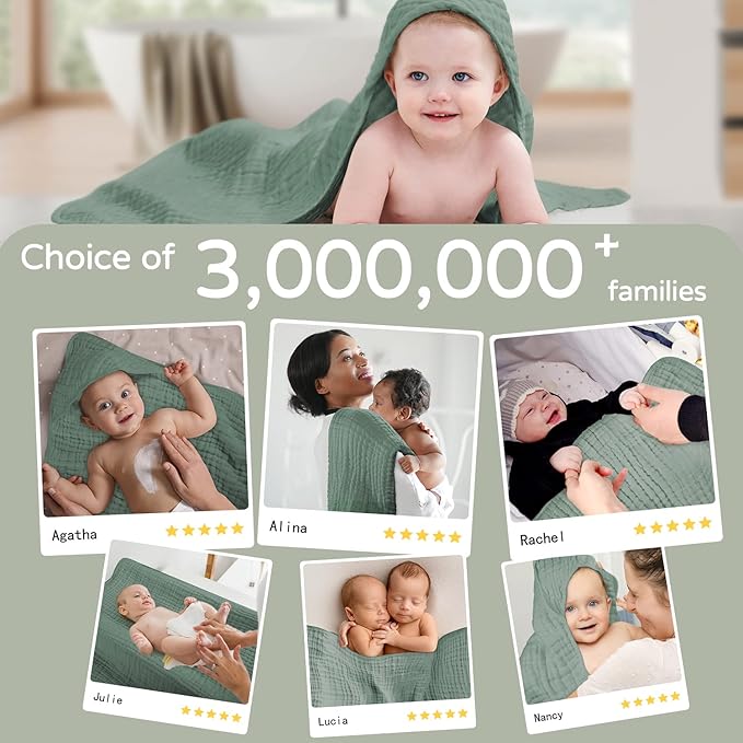 Yoofoss Hooded Baby Towels for Newborn 2 Pack 100% Muslin Organic Cotton Baby Bath Towel with Hood for Babies, Infant, Toddler and Kids, 32x32Inch, Soft and Absorbent Newborn Essential,Grey&Dark Green