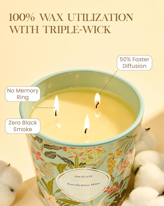 M&SENSE Eucalyptus Mint Scented Candle, 28.2oz 3 Wick Natural Soy Wax Large Candles, Long Lasting Clean Slow Burning No Toxic Décor for Home Relaxation, Romantic Dates Gift-Giving