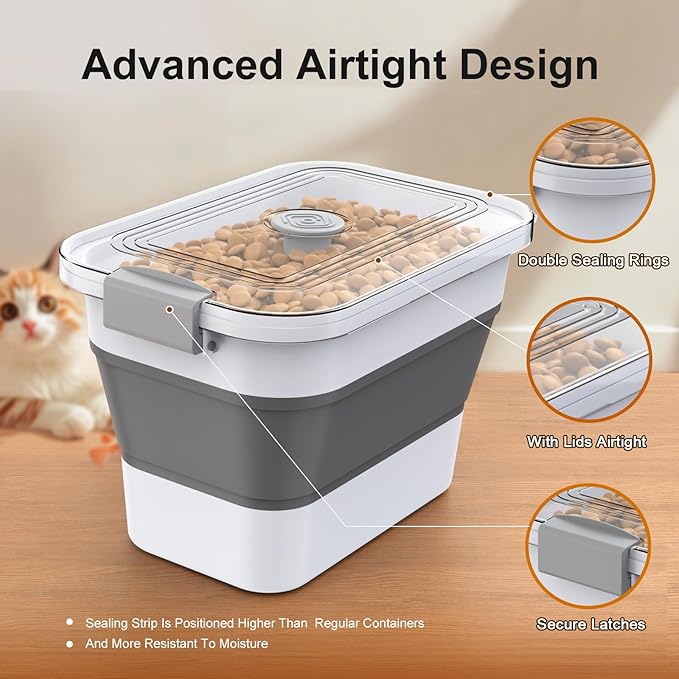 Dog Food Storage Container, 10-23 Lbs Collapsible Dog Food Container with Transparent Airtight Lid, Wheels and Scoop, Travel Pet Food Storage Container for Cat, Dog and Bird, Keep Dry Food Fresh