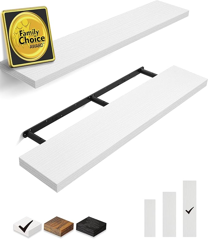 BAYKA Floating Shelves, 48 inches Long Heavy Duty Wall Mounted Rustic Wood Shelves for Bathroom, Bedroom, Living Room, Kitchen, Office, Hanging Shelf for Books/Storage/Decor(White,Set of 2)