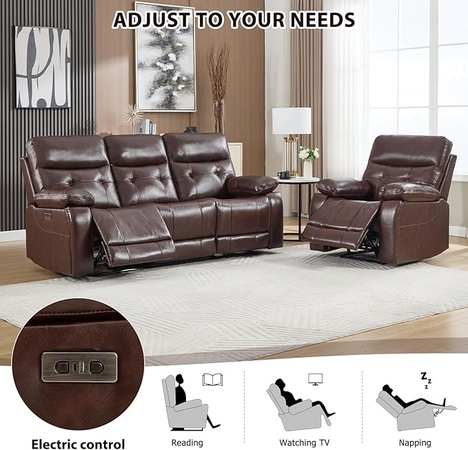 CANMOV Genuine Leather Power Recliner Sofa Set,Power Recliner Chair and Sofa Set, 2 Pieces Leather Couch with Storage Console, USB Ports, Cup Holders for Living Room,Dark Brown
