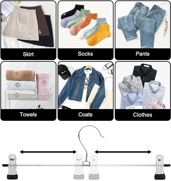 Pants & Skirt Hangers with Adjustable Non-Slip Clips, Space Saving Metal Hangers for Coat, Garment, Jeans & Kids Adults (20 Pack)