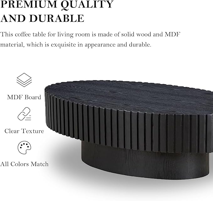Oval Coffee Table, Handcrafted Fluted Drum Coffee Tables Modern Wood Coffee Table Drum Center Table for Living Room, Apartment (Oval Black)