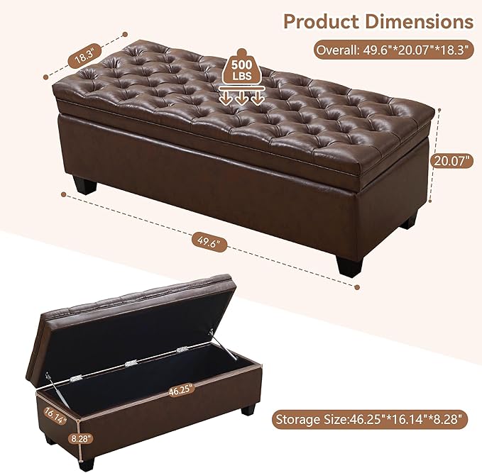 50" Faux Leather Storage Ottoman Bench, Upholstered Rectangle End of Bed Storage Ottoman Tufted Living Room Bedroom Bench with Safety Hinge, Solid Wood Legs, Loads 500 lb(Dark Rrown)