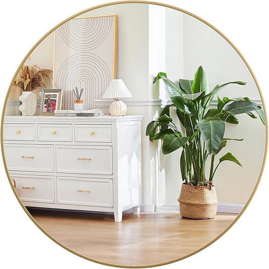 32 Inch Golden Circle Wall Mirror, Modern Round Metal Framed Mirror for Bathroom, Entryway, Living Room, Bedroom, Dining Room, Hallway, Decorative Home Décor, Easy Mount