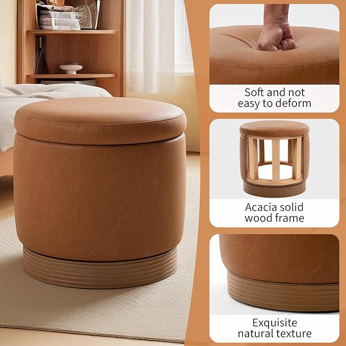 Round Storage Ottoman,Swivel Vanity Stool-Leather Foot Rest,Upholstered Footstool Pouf with Sturdy Acacia Wood Frame(500 lbs),Small Coffee Table & Hidden Storage Ottoman for Living Room