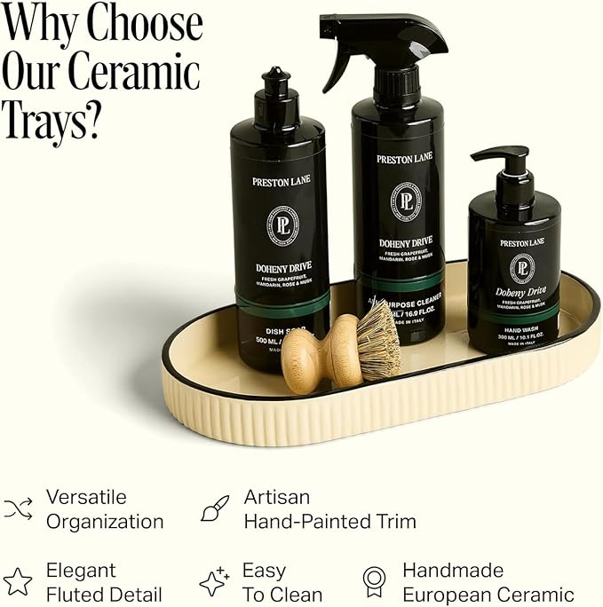 Preston Lane Signature Kitchen Ceramic Tray – Handmade in Portugal with Fluted Edges & Hand-Painted Trim – Decorative Organizer or Home Accent, Large, Alabaster