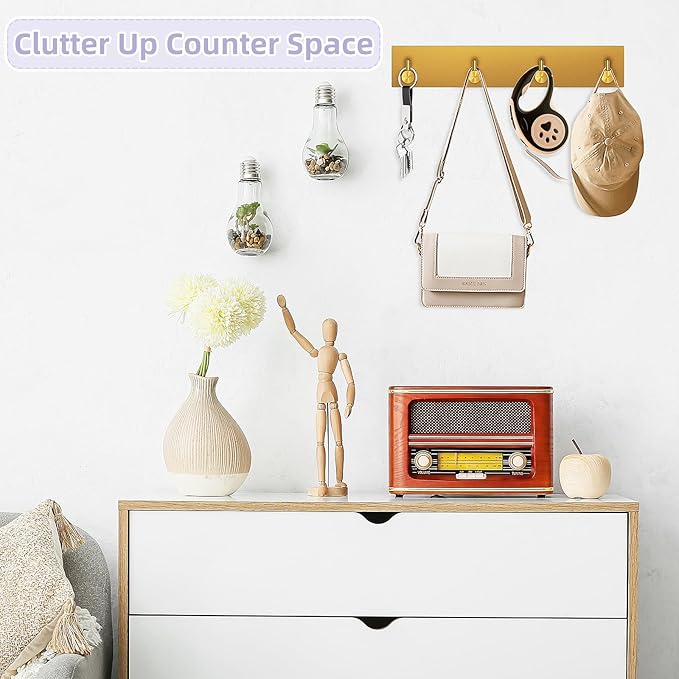 VIS'V Key Holder Wall Mount, Large Metal Self Adhesive Key Hanger with 4 Hooks, No Drilling, Extra Adhesive Strip, Gold