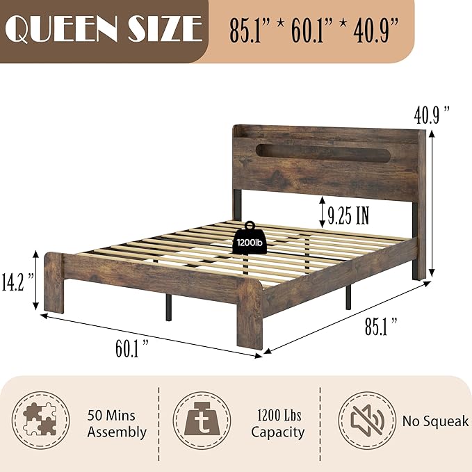 Wooden Queen Size Bed Frame with Storage Headboard, Farmhouse Platform Bedframe with Charging Station & Led Lights, Sturdy Wood Slat Framework, Easy Assembly (Rustic Brown Led)