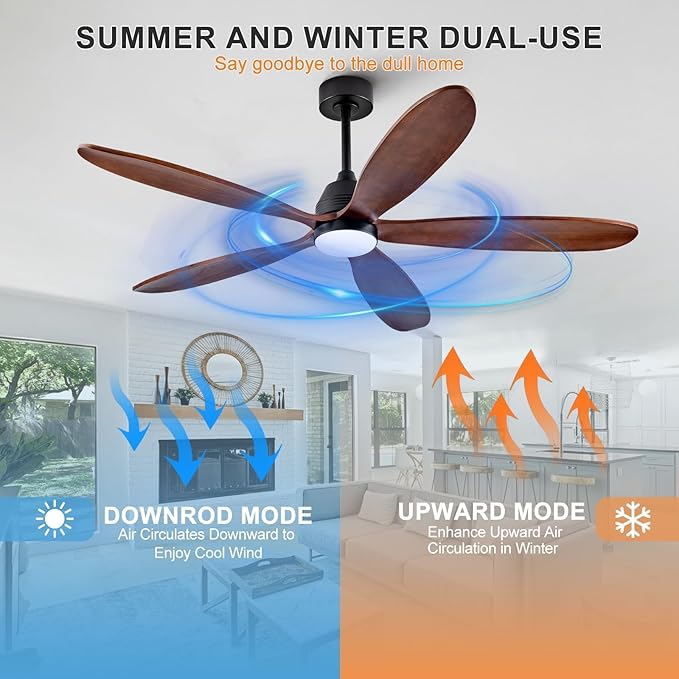60 Inch Wood Ceiling Fans with Lights and Remote, Modern Outdoor Ceiling Fan with Light for Patio, Dimmable, 5 Blades, Wall Switch, Reversible DC Motor, Memory Function